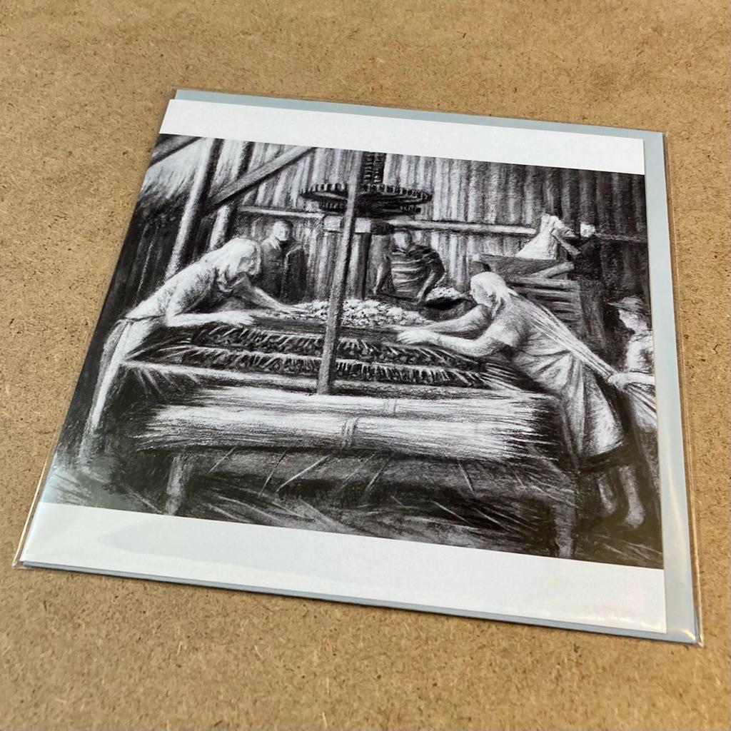 Kate Lynch Greetings Card, 'Pam and Marianne making the cider cheese with straw and apple pomace'