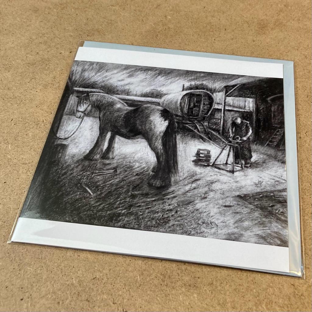 Kate Lynch Greetings Card, 'James shoeing Gunner in his yard'