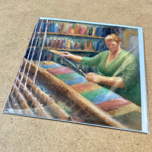 Kate Lynch Greetings Card, 'Charlotte at her counter march loom'