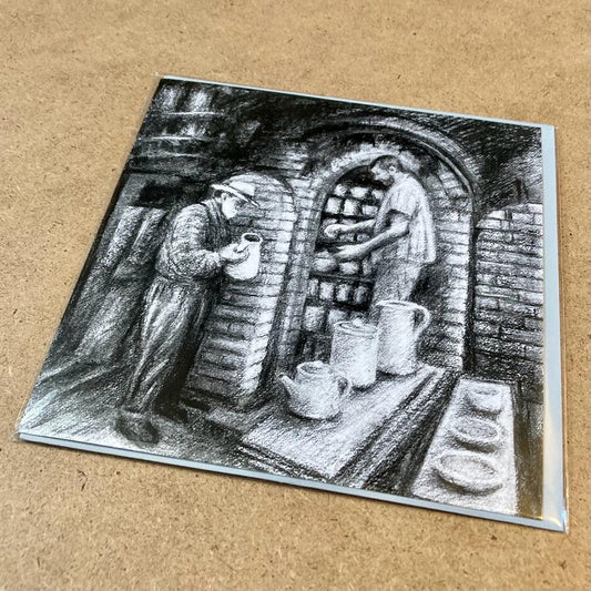 Kate Lynch Greetings Card, 'John Leach and Mark Melbourne packing the kiln at Muchelney Pottery, July 2021'