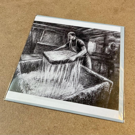 Kate Lynch Greetings Card, 'Zoe forming a sheet of paper with the papermaker's shake'